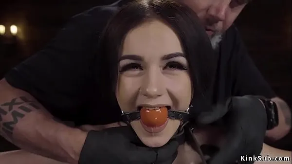 Gagged brunette slave Rosalyn Sphinx in standing device bondage drooling over her small tits with clamped nipples then electro shocked and rubbed पावर ट्यूब देखें