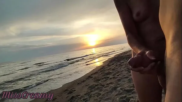 Watch French Milf Blowjob Amateur on Nude Beach public to stranger with Cumshot 02 - MissCreamy power Tube